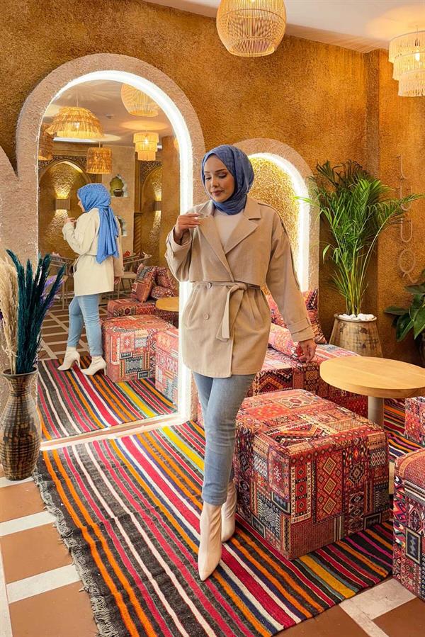 Double Buttoned Lined Short Trench Coat Stone