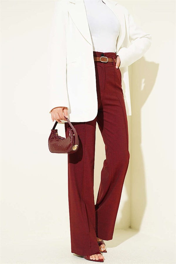 Double-Buttoned Belted Trousers, Burgundy