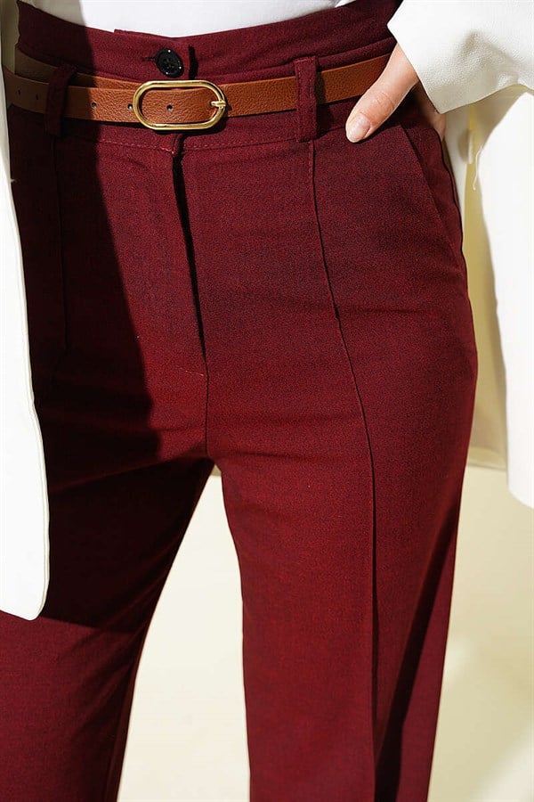 Double-Buttoned Belted Trousers, Burgundy