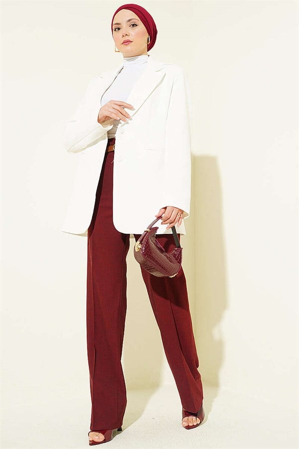 Double-Buttoned Belted Trousers, Burgundy