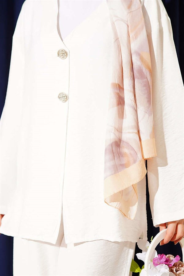 Double Button Kimono 2 Piece Set, Ecru
