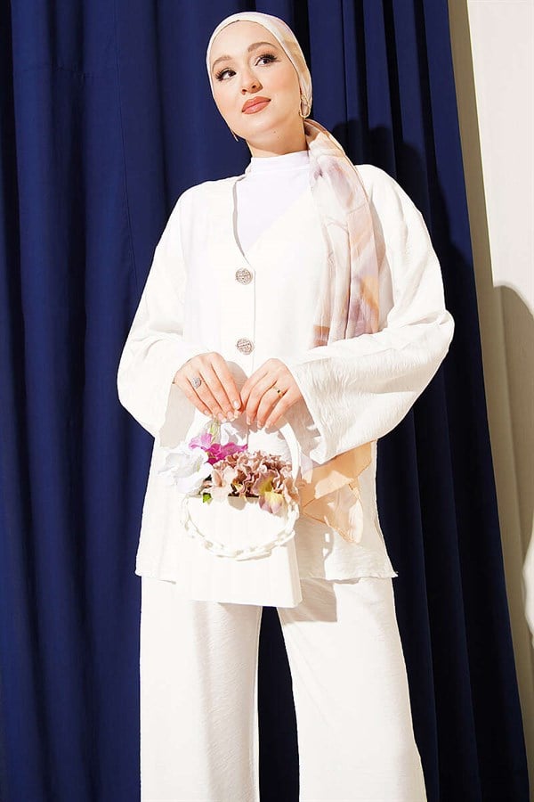 Double Button Kimono 2 Piece Set, Ecru
