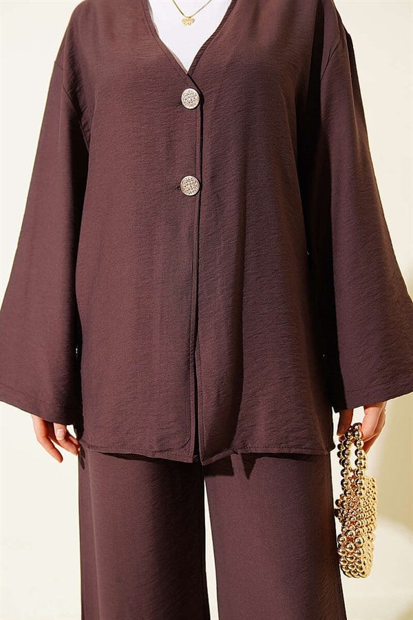 Double Button Kimono 2 Piece Set Coffee