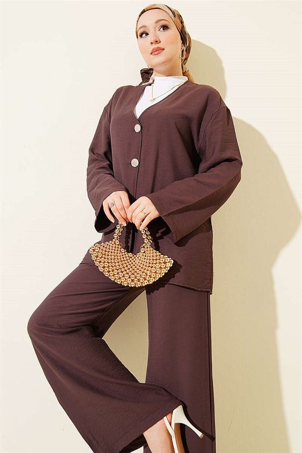 Double Button Kimono 2 Piece Set Coffee