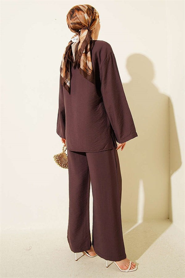Double Button Kimono 2 Piece Set Coffee
