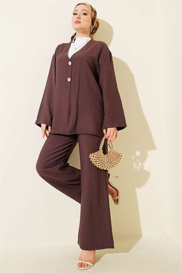 Double Button Kimono 2 Piece Set Coffee