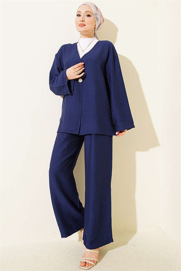 Double-Button Kimono 2 Piece Set Navy Blue