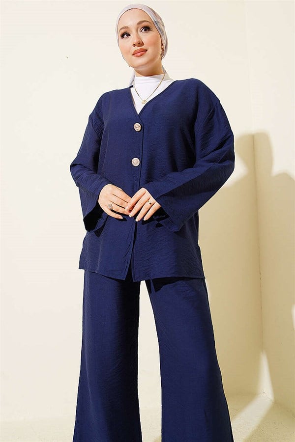 Double-Button Kimono 2 Piece Set Navy Blue