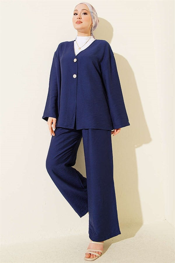 Double-Button Kimono 2 Piece Set Navy Blue