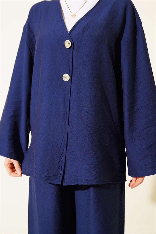 Double-Button Kimono 2 Piece Set Navy Blue