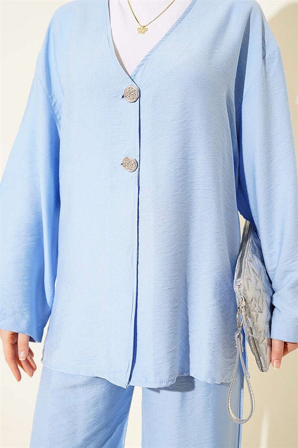 Double Button Kimono 2 Piece Set Blue