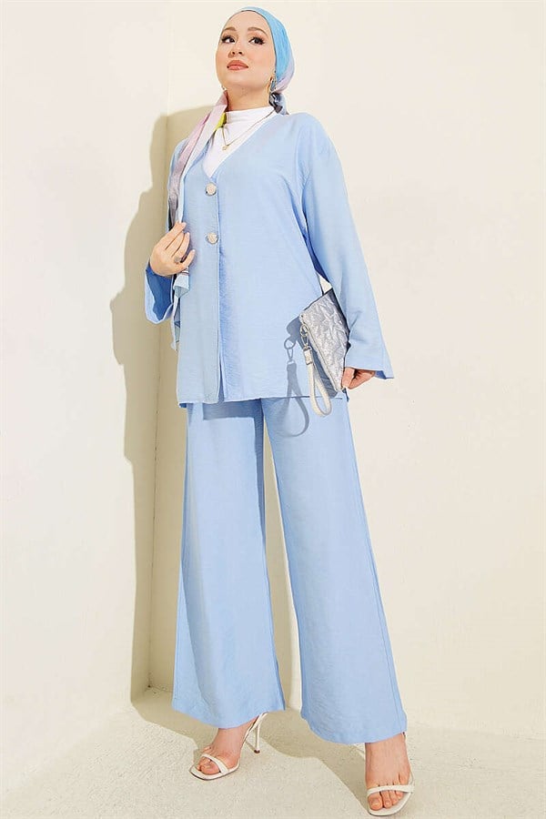 Double Button Kimono 2 Piece Set Blue