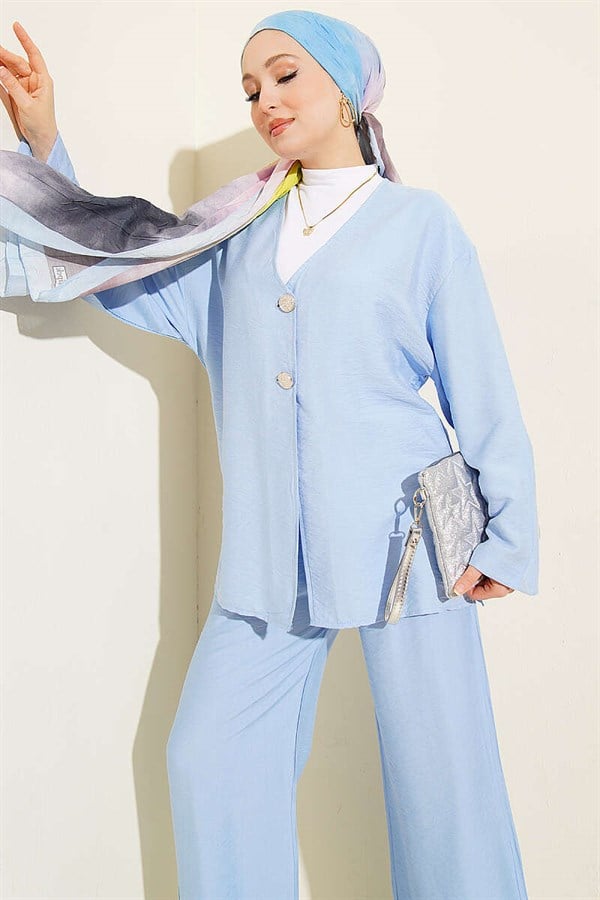 Double Button Kimono 2 Piece Set Blue