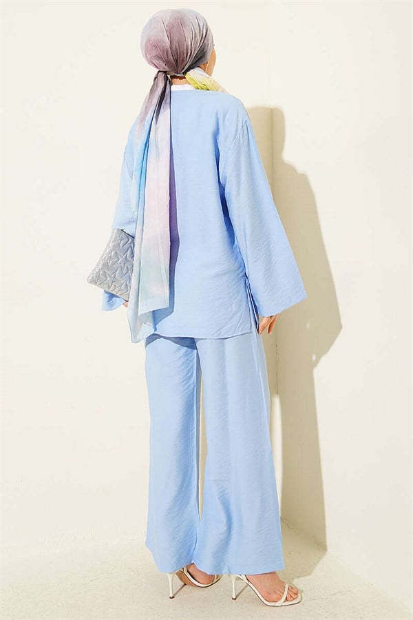 Double Button Kimono 2 Piece Set Blue