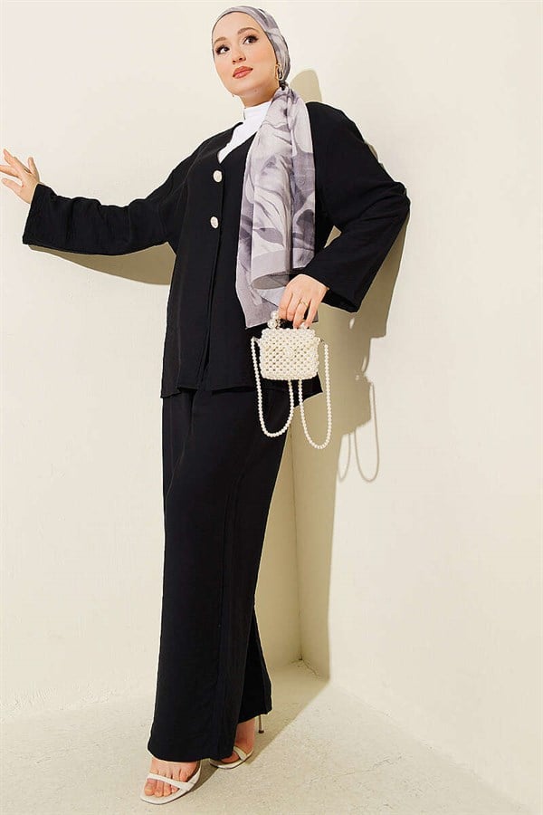 Double Button Kimono 2 Piece Set Black