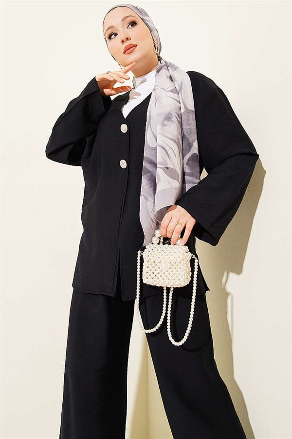 Double Button Kimono 2 Piece Set Black