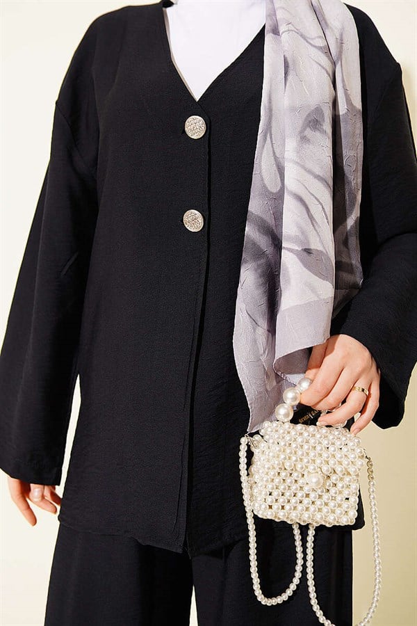 Double Button Kimono 2 Piece Set Black