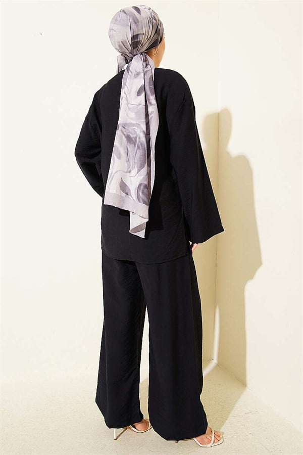 Double Button Kimono 2 Piece Set Black