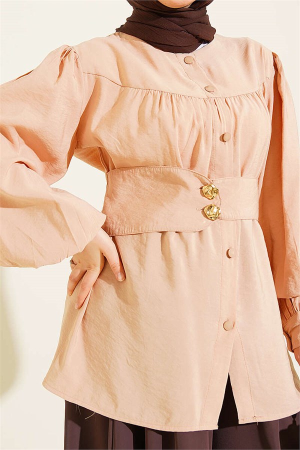 Double-Button Belted Shirt, Beige