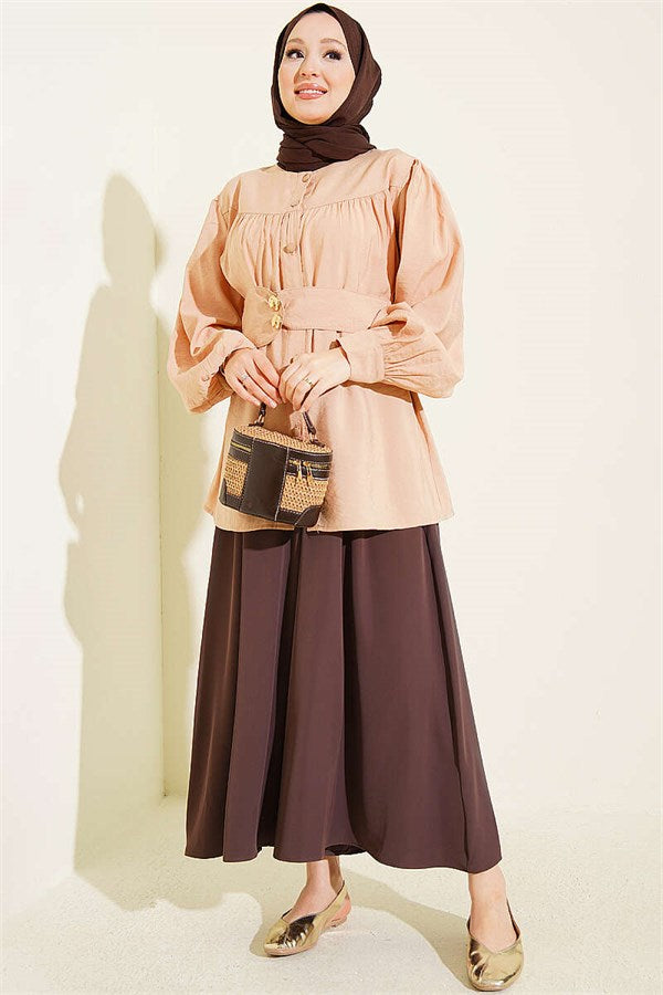 Double-Button Belted Shirt, Beige