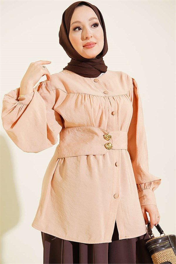 Double-Button Belted Shirt, Beige