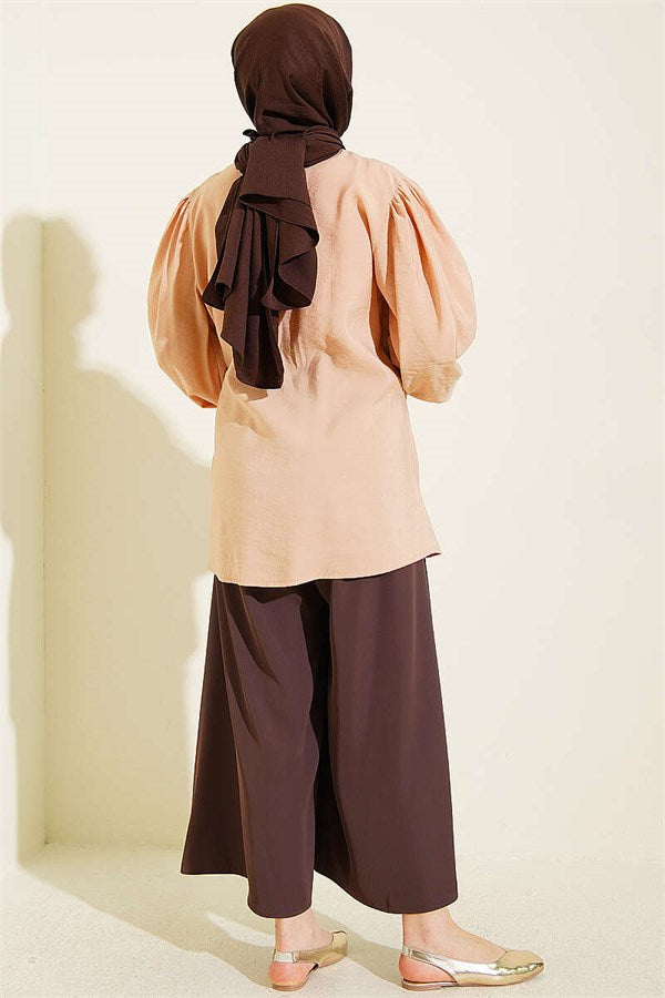 Double-Button Belted Shirt, Beige