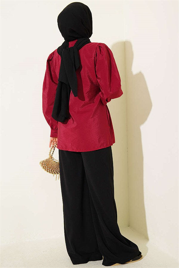 Double-Button Belted Shirt, Burgundy