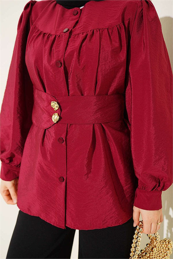 Double-Button Belted Shirt, Burgundy
