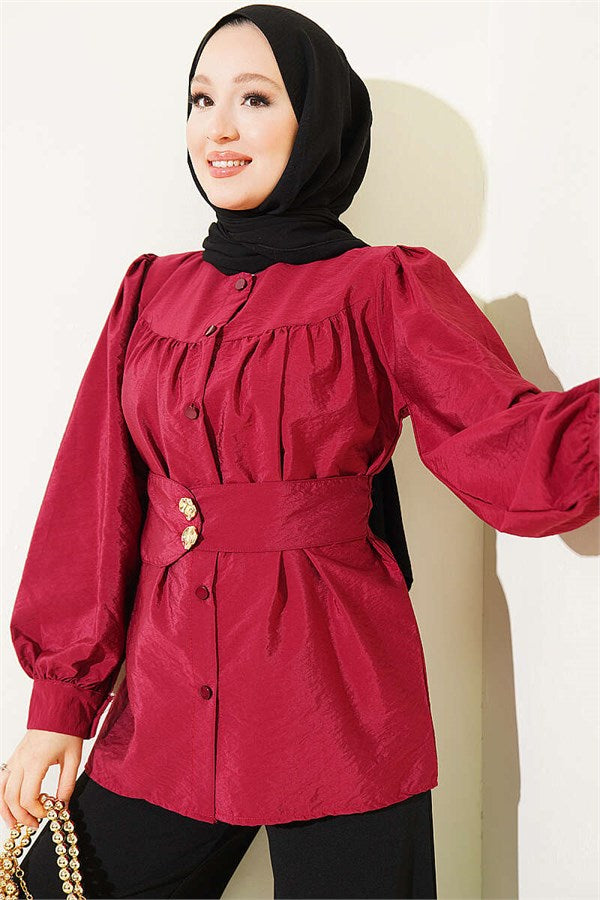 Double-Button Belted Shirt, Burgundy