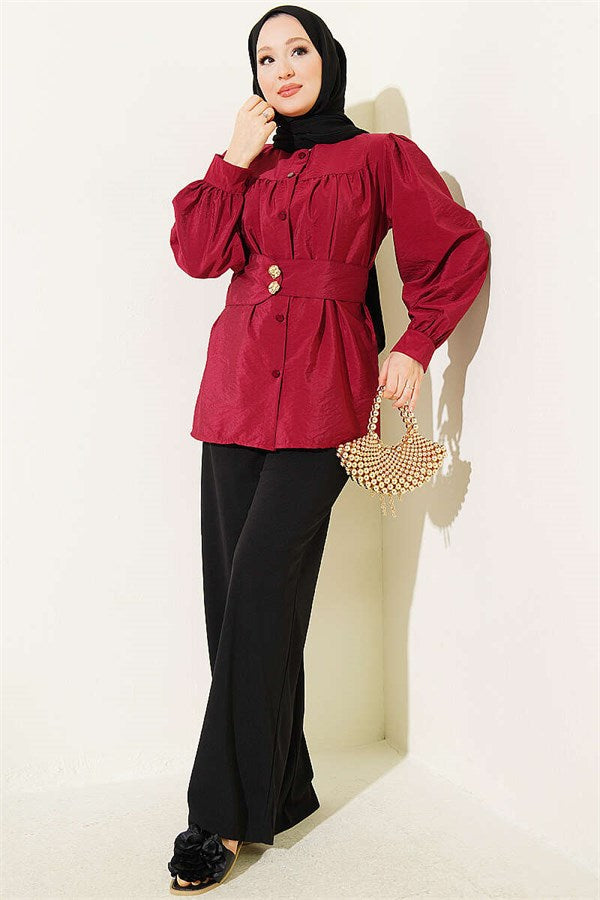 Double-Button Belted Shirt, Burgundy