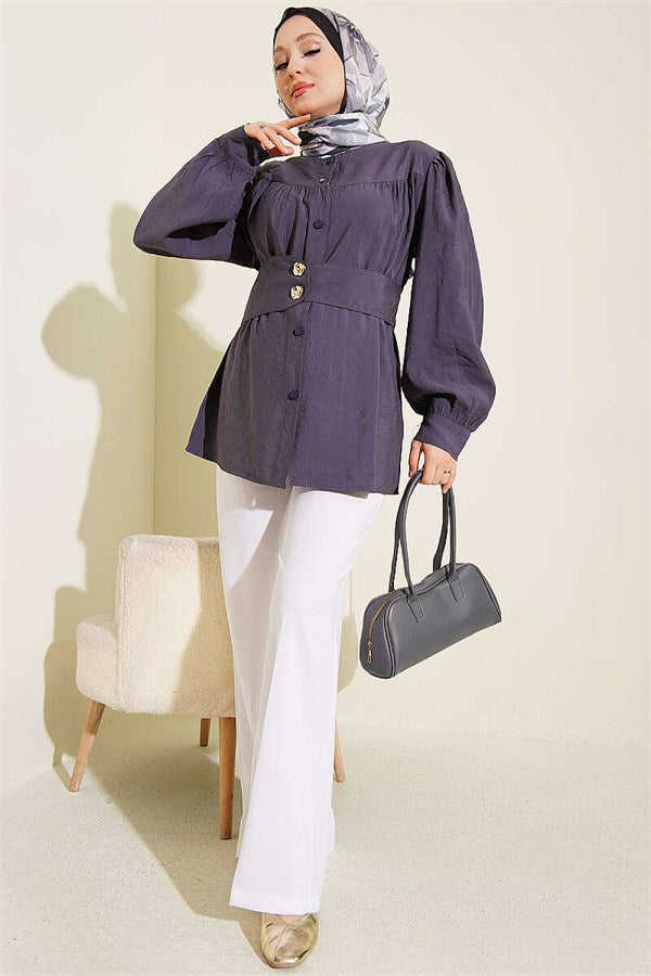 Double-Button Belted Shirt, Smoke Grey