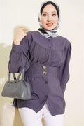 Double-Button Belted Shirt, Smoke Grey