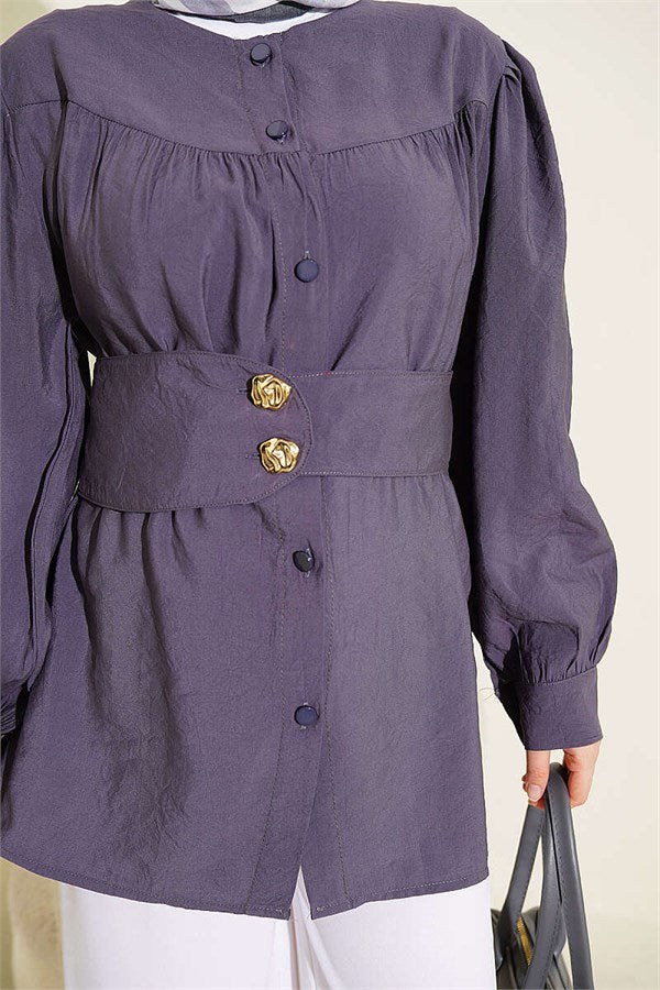 Double-Button Belted Shirt, Smoke Grey