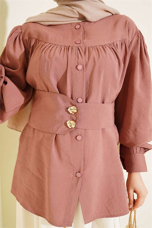 Double-Buttoned Belted Shirt, Rose Pink