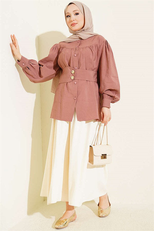 Double-Buttoned Belted Shirt, Rose Pink