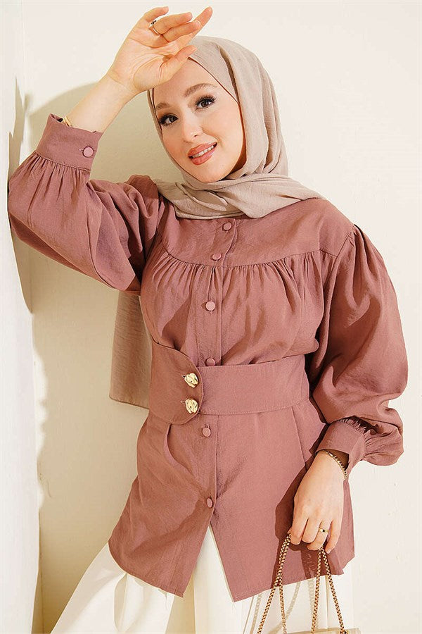 Double-Buttoned Belted Shirt, Rose Pink