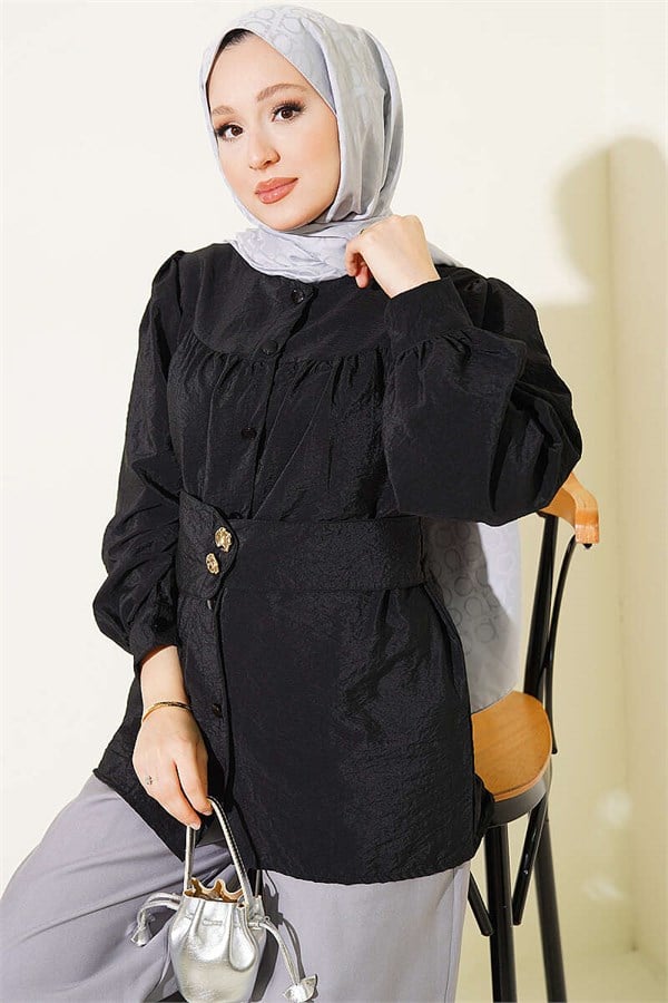 Double-Button Belted Shirt, Black