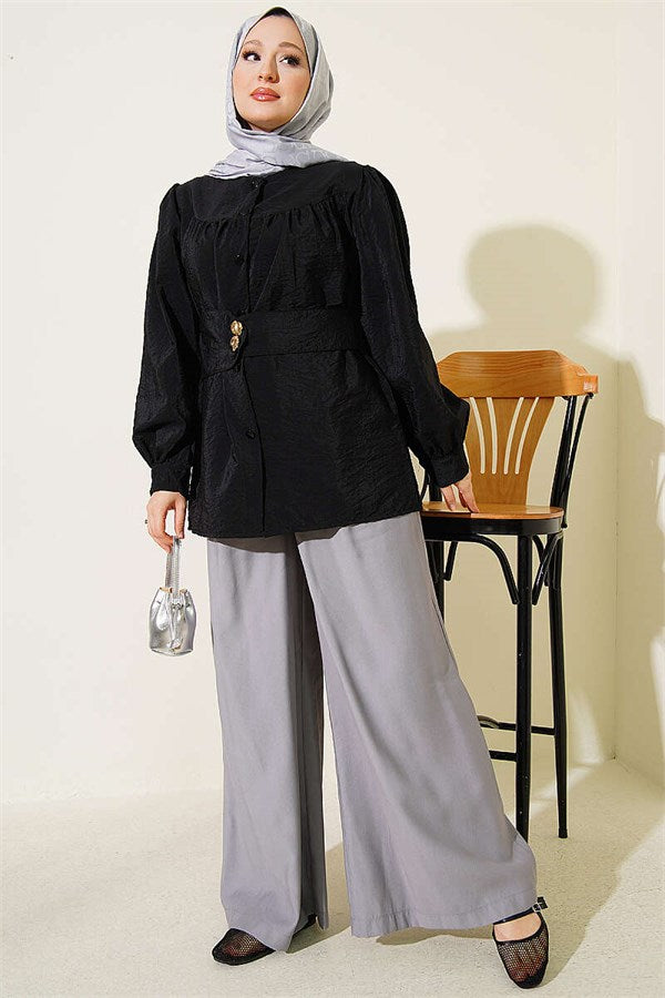 Double-Button Belted Shirt, Black
