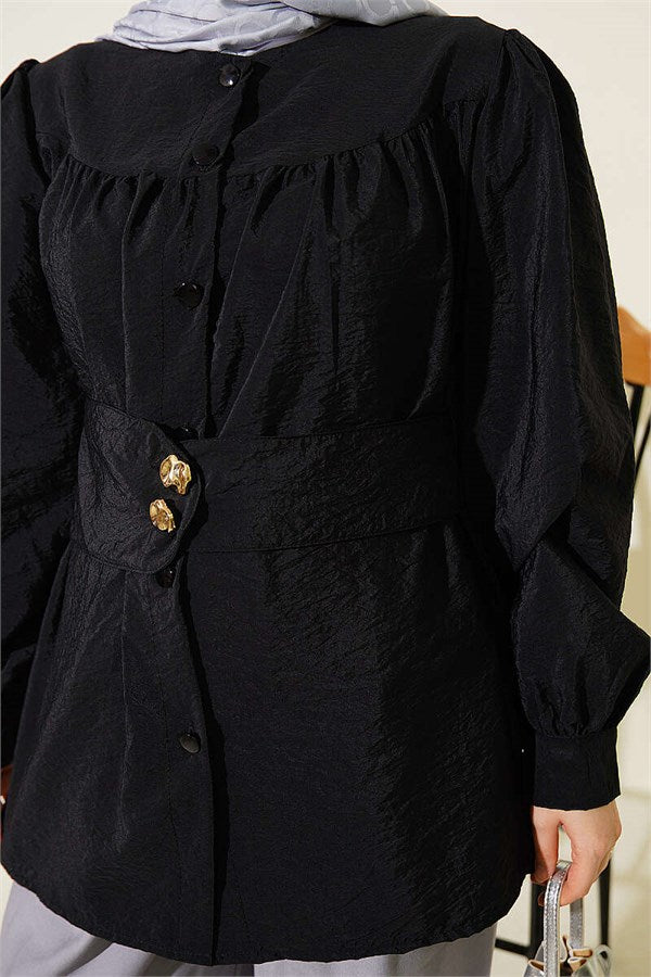 Double-Button Belted Shirt, Black