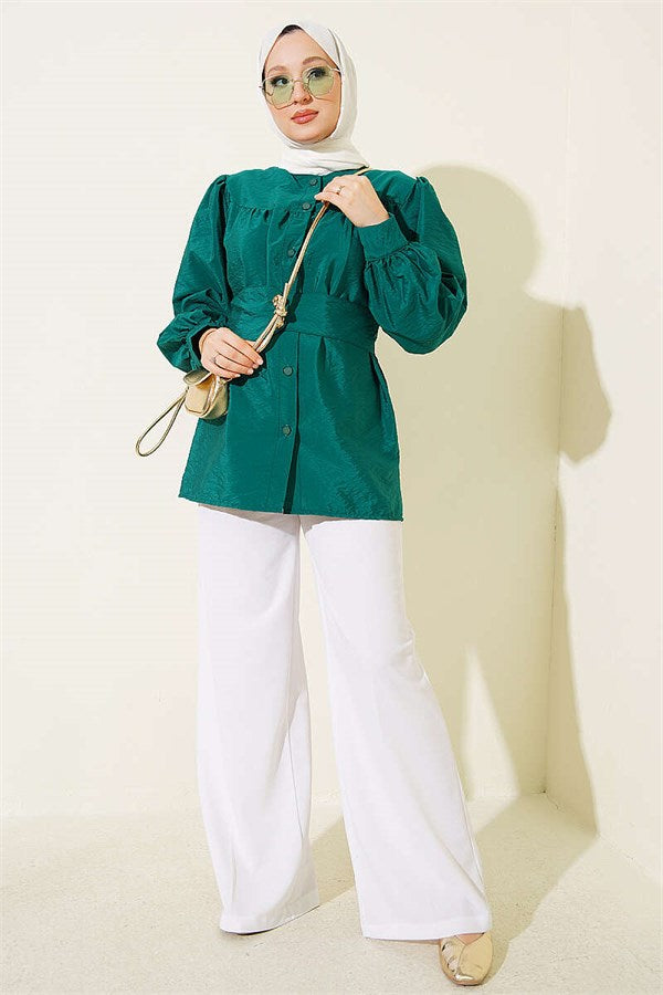 Double-Button Belted Shirt Emerald