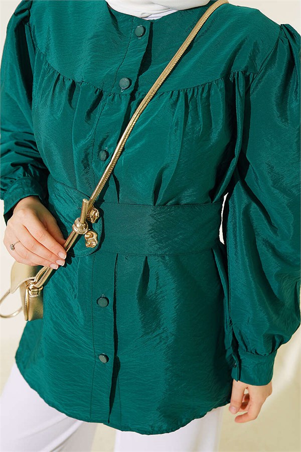 Double-Button Belted Shirt Emerald