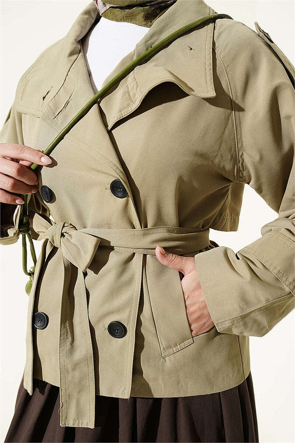 Double-Button Belted Short Trench Coat, Light Green