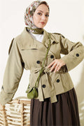 Double-Button Belted Short Trench Coat, Light Green