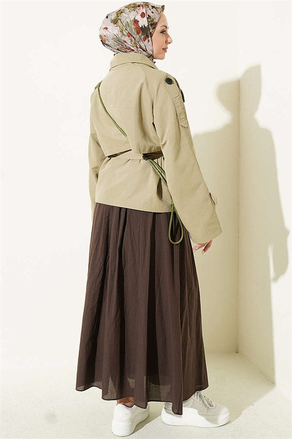 Double-Button Belted Short Trench Coat, Light Green