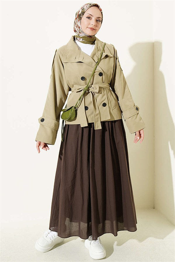 Double-Button Belted Short Trench Coat, Light Green