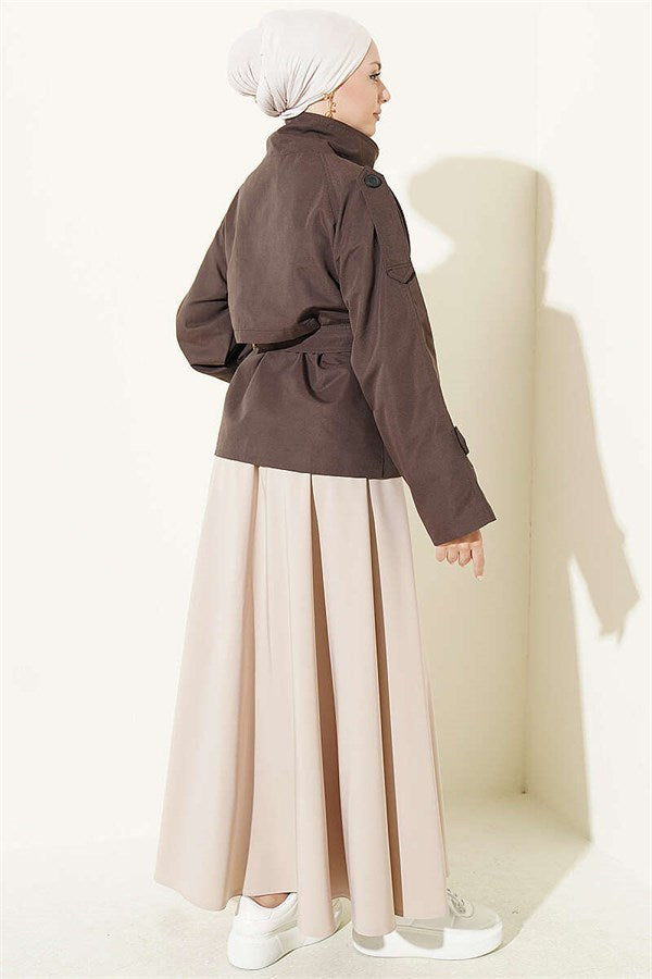 Double-Button Belted Short Trench Coat, Brown