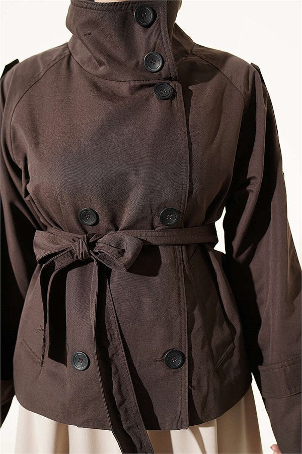 Double-Button Belted Short Trench Coat, Brown