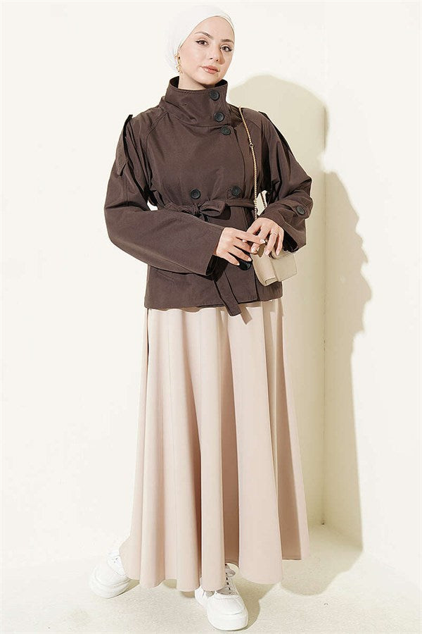 Double-Button Belted Short Trench Coat, Brown