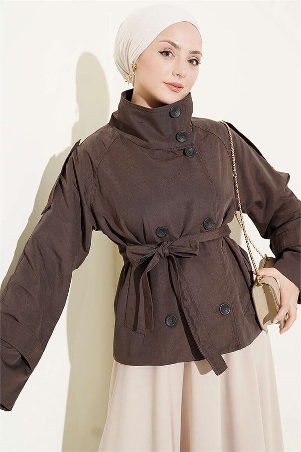 Double-Button Belted Short Trench Coat, Brown