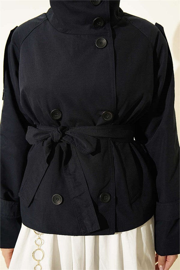 Double-Button Belted Short Trench Coat, Navy Blue
